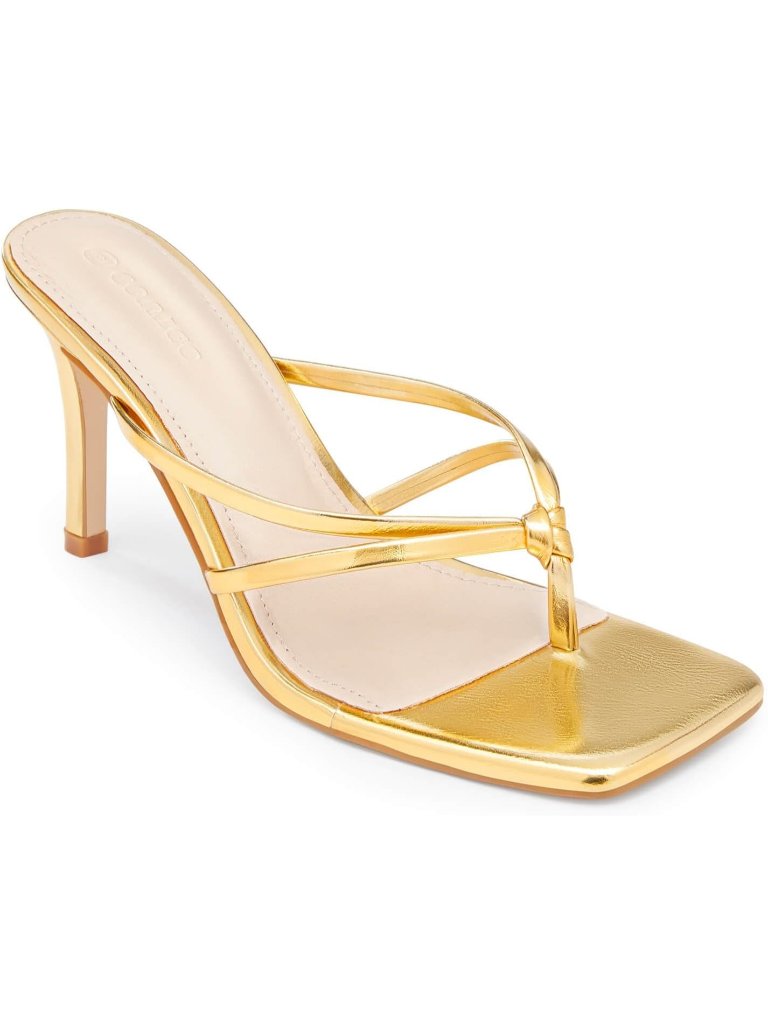 Women's Gold Heeled Sandals Strap Square Toe Flip Flops Stiletto Sandals
